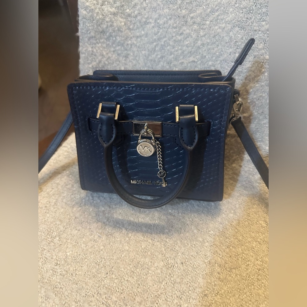 Mini Michael Kors Dark Blue Embossed Leather Satchel with Silver Hardware